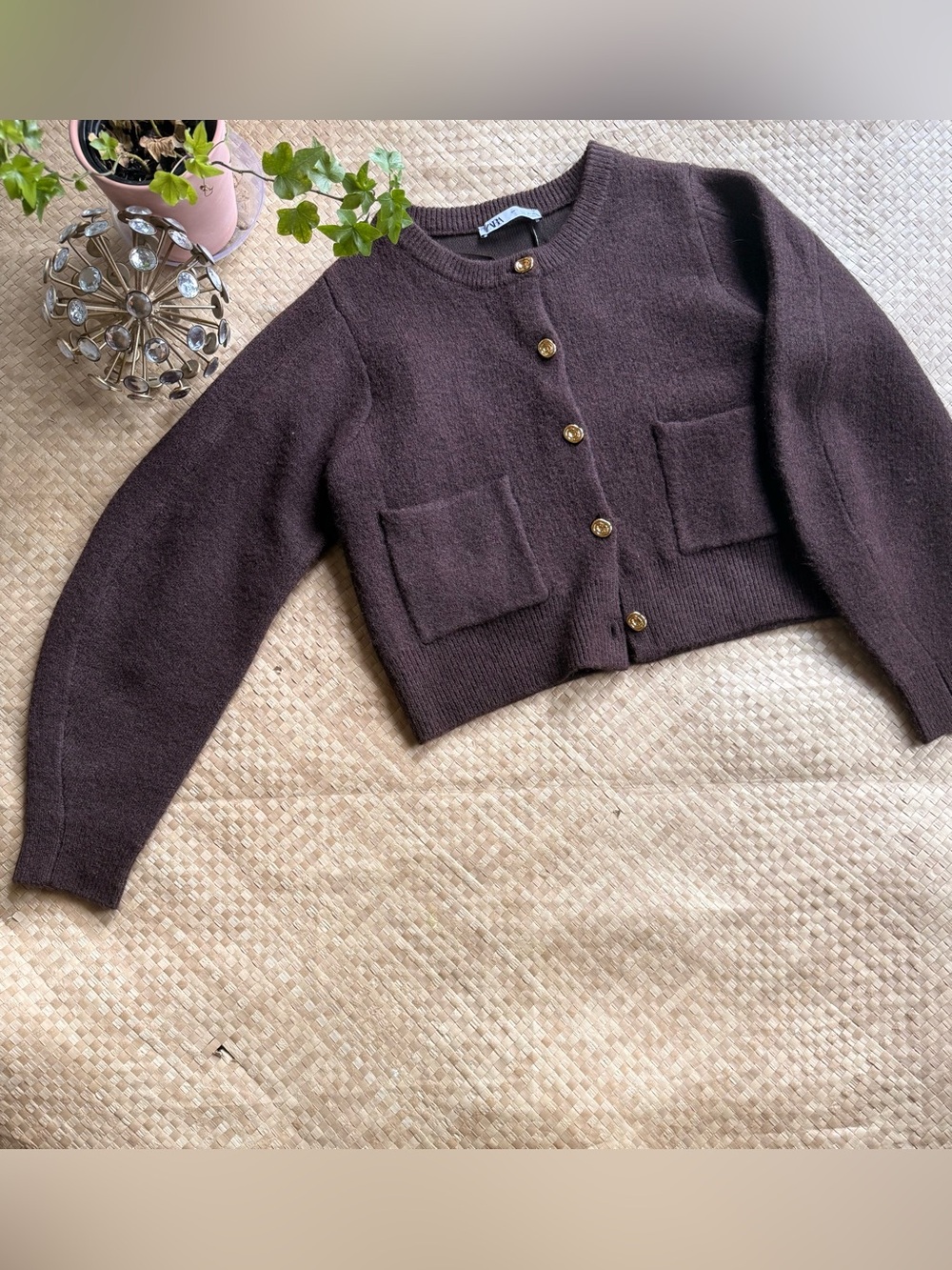 Crop Cardigan Sweater in Dark Brown - Classic Button Front